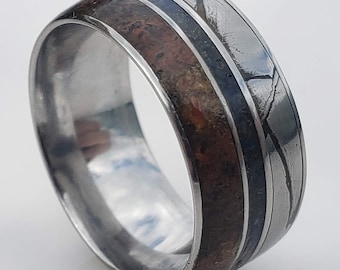 10mm Authentic Seymchan Meteorite, T-Rex Dinosaur Bone, Comfort-Fit Titanium Band w/ Thin Blue Line of crushed natural lapis lazuli Stone!