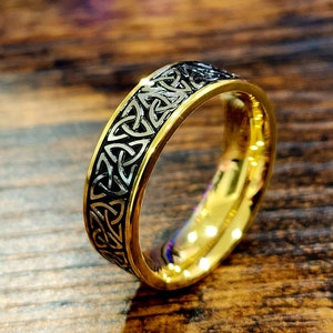 8mm Celtic 18K Gold Tungsten Wedding Band - Silver Trinity over Black Men&#39;s or Women&#39;s (anniversary, engagement, fashion) US Ring Sizes 4-18