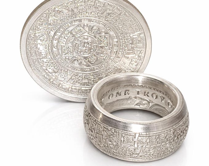 12mm-14mm 1oz Domed Aztec Calendar 9999 Solid Silver Coin Ring (Tonatiuh Sun Stone ~ Emperor Cuauhtémoc) Rare Silver coin ring Size 4-24