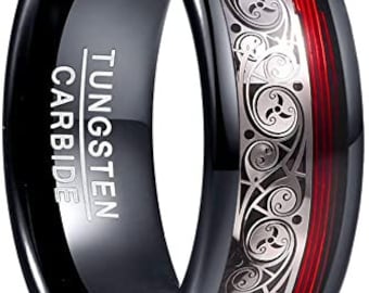 Reg 695.99 - 8mm Black Tungsten Carbide Ring,Domed,Celtic Spiral and Red Guitar String,Engagement,Anniversary,Comfort Fit,US sizes-7-12.5.