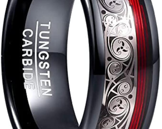 8mm Black Tungsten Carbide Ring,Domed,Celtic Spiral and Red Guitar String,Engagement,Anniversary,Comfort Fit,US sizes-7-12.5.