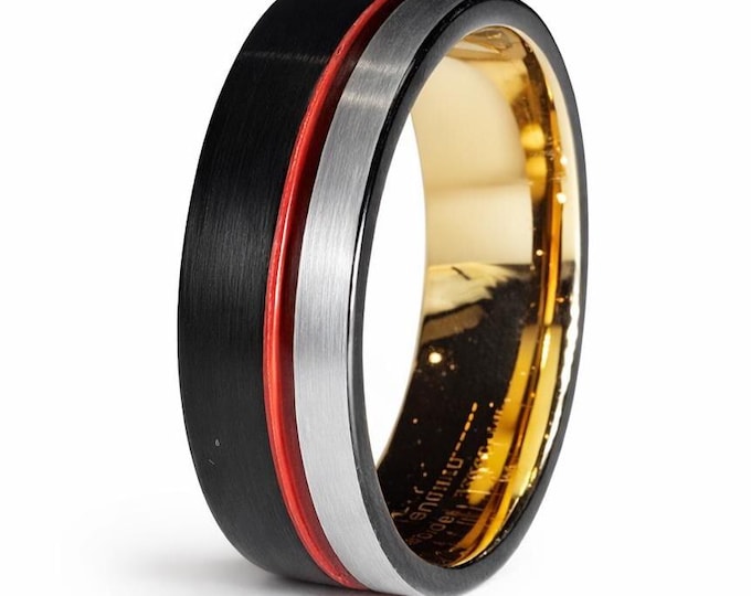 8mm Thin Red Line - Thin Blue Line Brushed Black & Silver Tungsten Carbide over 18k Rose Gold Ring (Police, Law Enforcement, Fire Fighter)