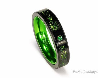 5mm Irish Green Carbon Fiber and Black Celtic Inlay over Black Tungsten Carbide and Green Inner Band & Green Cubic Zirconia (Fashion Ring)