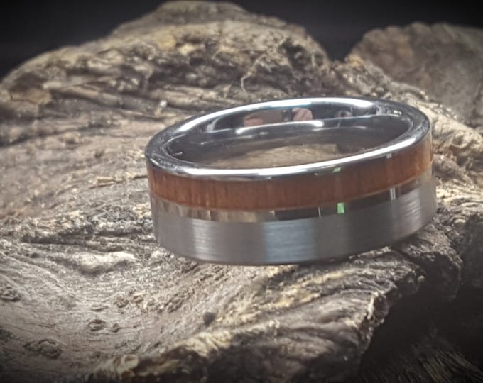 8mm Real Hawaiian KOA Wood Inlay over Silver Tungsten Steel with Wedding Comfort Fit Band, Vintage Wedding Engagement Promise