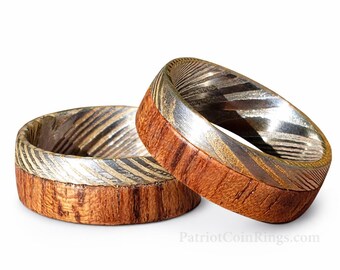 8mm Platinum and Silver w/ 14k Gold Vein Damascus & Wood Mens Wedding Ring Dome Wedding Band | Engagement | Sizes 6-15