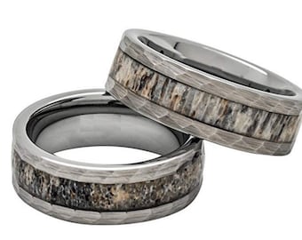 Reg 399.95 - 8mm Deer Antler Ring in Tungsten Hammered Finish Comfort Fit Wedding Band for Men or Woman (Ring Size 5-18)