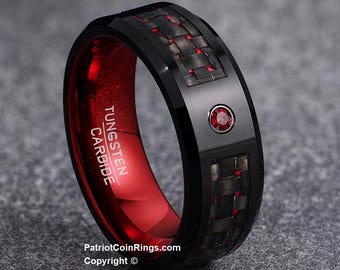 8mm Black & Red Tungsten Carbide Wedding Band Ring w/ Black Carbon Fiber Inlay Red Garnet CZ Gem January or July birthdays