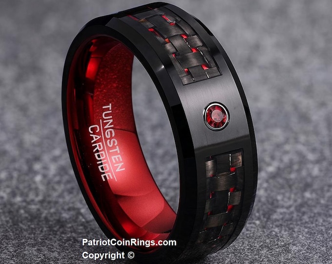 8mm Black & Red Tungsten Carbide Wedding Band Ring w/ Black Carbon Fiber Inlay Red Garnet CZ Gem January or July birthdays