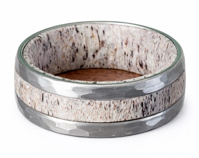 8mm Hunter's Solid White Tail Deer Antler w/ Hammered Tungsten Sides & Comfort Fit Mens Wedding Band, Womans Wedding Band, Anniversary Ring