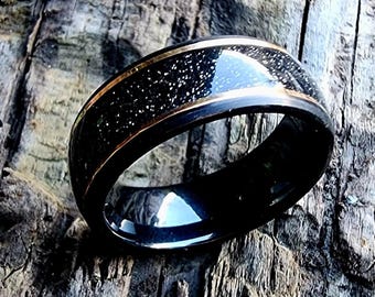 8mm Comfort Fit Black Tungsten Carbide Band with Rose Gold Accents, "Domed Wall" Black Shimmering Hawaiian Sand (US Ring Sizes 13.5-18.0)