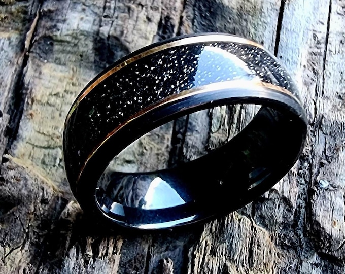 8mm Comfort Fit Black Tungsten Carbide Band with Rose Gold Accents, "Domed Wall" Black Shimmering Hawaiian Sand (US Ring Sizes 13.5-18.0)