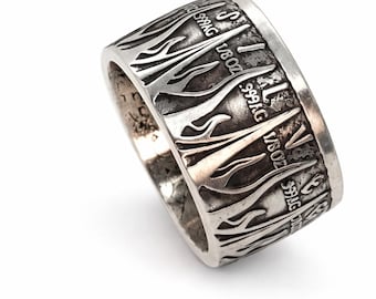FLAMES FACING OUT!  Silver "Pieces of Eight," Spanish Dollar - A Predatory World - 999 Pure Silver Coin Ring (pirates of the Caribbean)