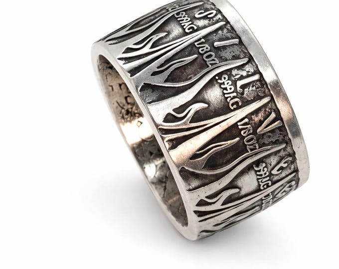 FLAMES FACING OUT!  Silver "Pieces of Eight," Spanish Dollar - A Predatory World - 999 Pure Silver Coin Ring (pirates of the Caribbean)