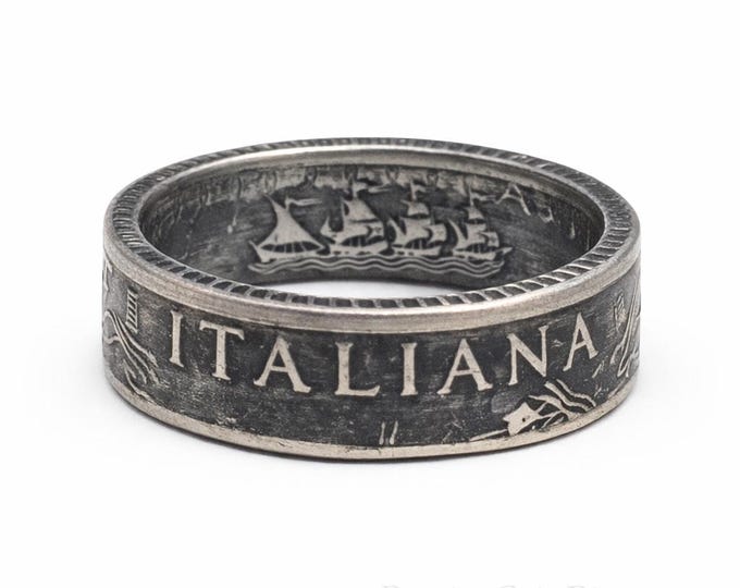 1958-2001 SILVER Italian 500 Lire COIN RING.  Italian Lira detailed stamping, crests of Italy or Italiana facing out. Familia Heritage Band!