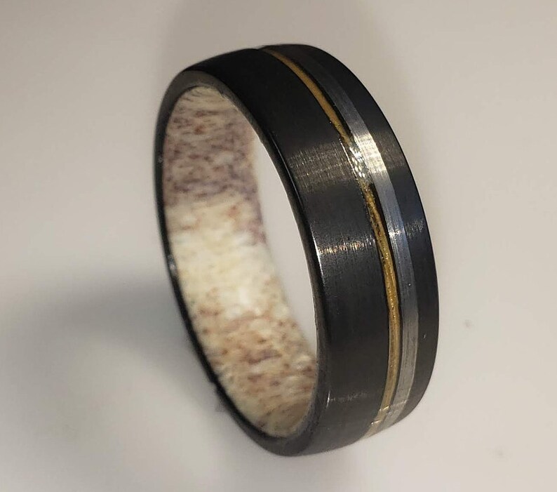 8mm Brushed Black Tungsten Carbide Band w/ Old No 7 Jack Daniels Whiskey Barrel Wood Inlay, Silver Trim & Authentic Deer Antler US Size 5-16 image 2