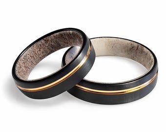 6mm Brushed Black Tungsten Carbide Band w/ 18K Rose Gold Inlay & Authentic Deer Antler Inner Band - Comfort Fit - Unisex Style US Size 5-16