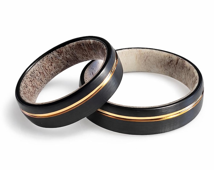 6mm Brushed Black Tungsten Carbide Band w/ 18K Rose Gold Inlay & Authentic Deer Antler Inner Band - Comfort Fit - Unisex Style US Size 5-16
