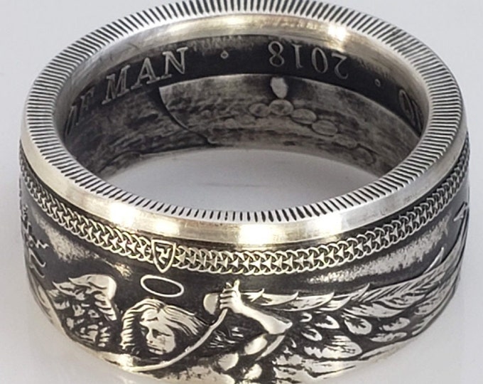 RARE 2018 Archangel Michael slaying the Beast!  Hand Crafted Ring from a Isle of Man Coin (US Size 5-18) 1 Troy Ounce .999 Pure Fine Silver