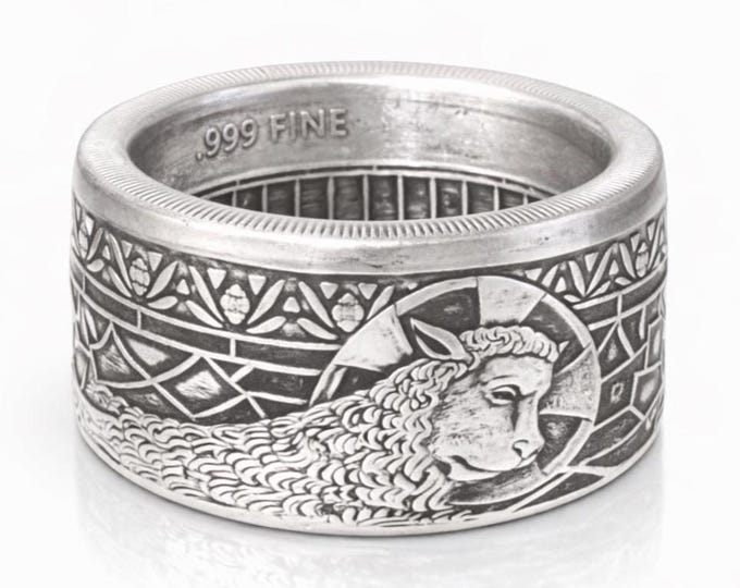 LIMITED EDITION:  "Lamb of God" Christian Coin Ring .999 Pure Silver Coin Ring (Shown in Antique Patina) Anniversary Ring, Catholic Rings
