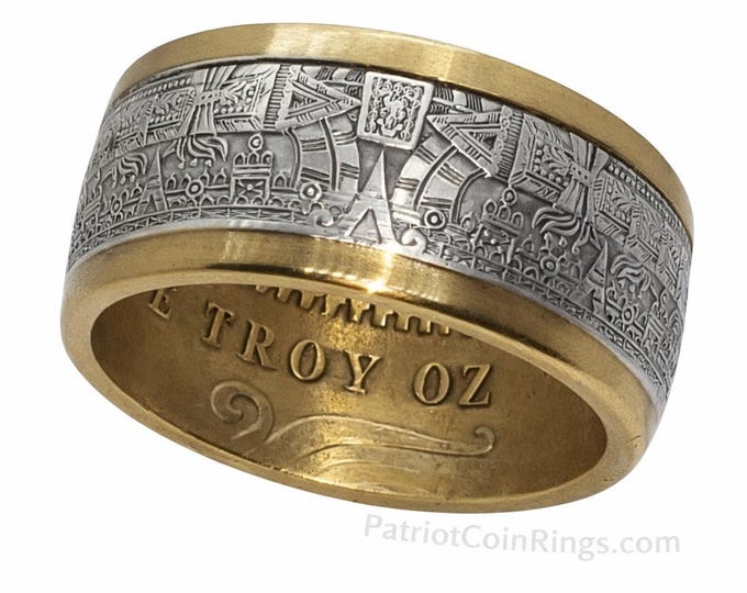 1oz 13mm Aztec Mayan Calendar 9999 Solid Silver Coin Ring (Tonatiuh Sun Stone ~ Emperor Cuauhtémoc) Coin forged into a Ring (US Sizes 4-24)