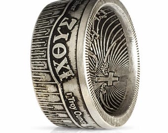 John 3:16  IXOYE Christian fish "Coin Ring" (Double Sided) Hand-Made from Rare 1 Troy Ounce Pure Silver coin! (Jesus - God - Lord - Church)