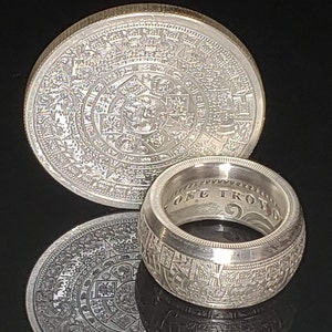 10mm 1oz Domed Aztec Calendar 9999 Solid Silver Coin Ring (Tonatiuh Sun Stone ~ Emperor Cuauhtémoc) Rare Silver coin ring Size 4-24