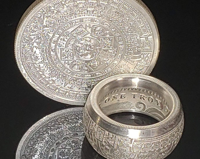 10mm 1oz Domed Aztec Calendar 9999 Solid Silver Coin Ring (Tonatiuh Sun Stone ~ Emperor Cuauhtémoc) Rare Silver coin ring Size 4-24