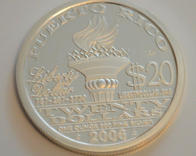 RARE 2006 Puerto Rico 20 Dollar 1oz Silver Coin Ring.  (mens wedding bands, anniversary ring, heavy ring, wide band or ladies thin cut ring)