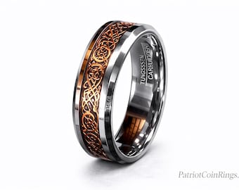 8mm Silver w/ 18K Rose Gold over Black Celtic Dragon Tungsten Carbide Classic Wedding Band (Good Luck Ring) US Size 4-17