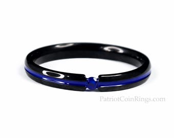 4mm Black Titanium Tension Band with Blue Sapphire Gem (His or Hers - US Ring Sizes 4-17)