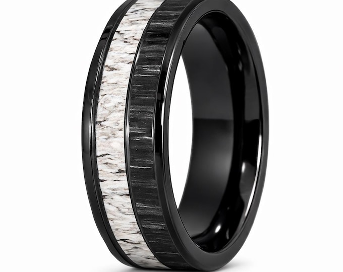 8mm Titanium Natural Deer Antler Ring w/ Dark Koa Wood Inlay (US Ring Sizes 4.5-14.5) Mens Band, Wedding Band, Hunters Ring
