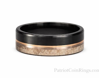 8mm Black Tungsten Ring with Copper Center & Deer Antler Inlay - Wedding, Engagement, Unique High Fashion Ring (US Ring Sizes 8-14)