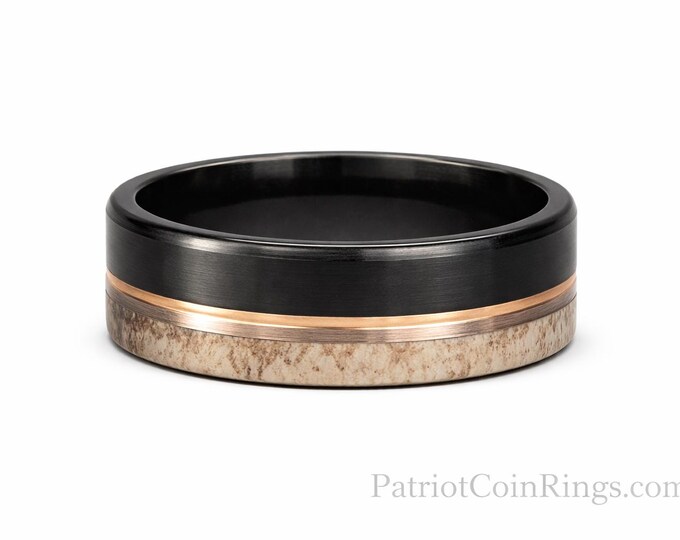 8mm Black Tungsten Ring with Copper Center & Deer Antler Inlay - Wedding, Engagement, Unique High Fashion Ring (US Ring Sizes 8-14)