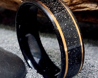 8mm Comfort Fit Black Tungsten Carbide Band with Rose Gold Accents, Straight Wall Black Shimmering Hawaiian Sand (US Ring Sizes 13.5-18.0)