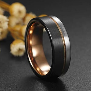 8mm US Ring Sizes 5-16 Black & Silver Brushed Tungsten Carbide w/ 18k Rose Gold Wedding Band Men's Wedding Bands, Engagement Rings, image 5