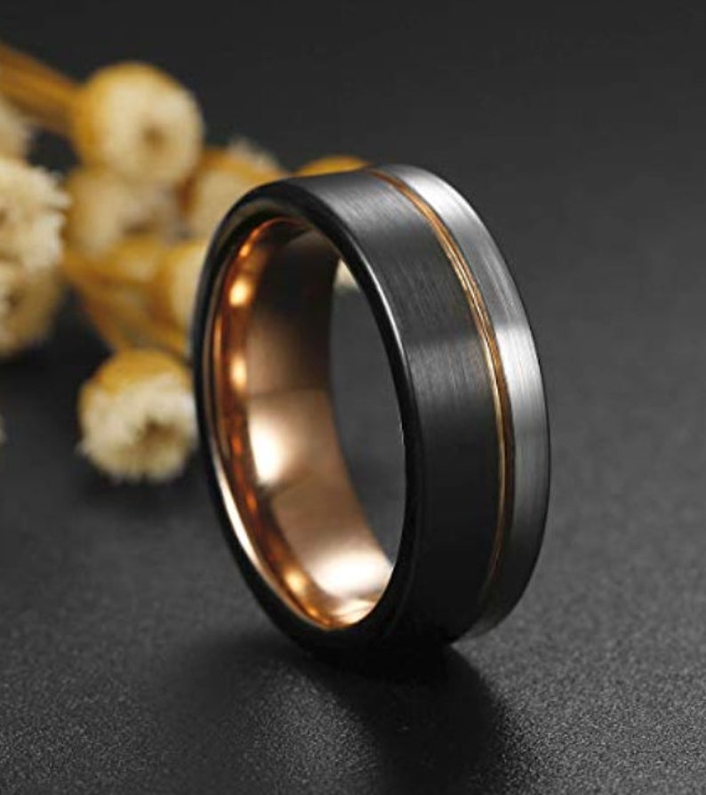 8mm US Ring Sizes 5-16 Black & Silver Brushed Tungsten Carbide w/ 18k Rose Gold Wedding Band Men's Wedding Bands, Engagement Rings, image 5