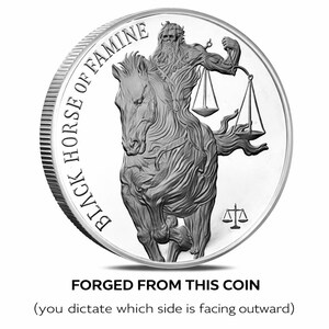 The image is a coin featuring a statue of a man on a horse, with the text "Black Horse of Famine" and "Forged from this coin" around the edge.