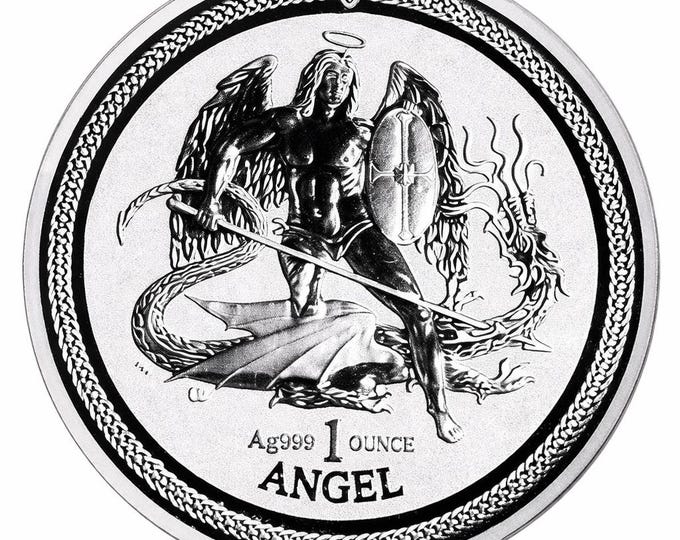 2016 Archangel Michael slaying the Beast, Coin from Isle of Man, 1 Troy Ounce .999 Pure Fine Silver, Metal Plating Options Available.