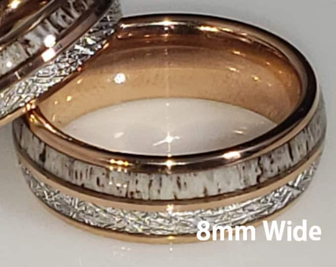 8mm Antler & Meteorite in 14K Rose Gold Tungsten (US Sizes 6-14) Wedding Band, Anniversary Rings, Men's Fashionable Ring