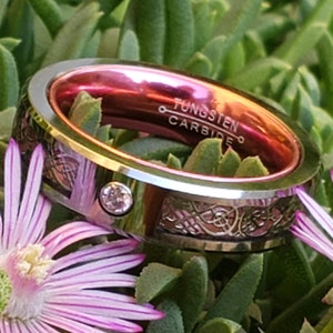 BREAST CANCER AWARENESS Ring, 5mm Pink Carbon Fiber and Silver Celtic Ring, Silver Tungsten Carbide, Pink Cubic Zirconia.