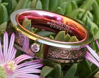 BREAST CANCER AWARENESS Ring, 5mm Pink Carbon Fiber and Silver Celtic Ring, Silver Tungsten Carbide, Pink Cubic Zirconia.