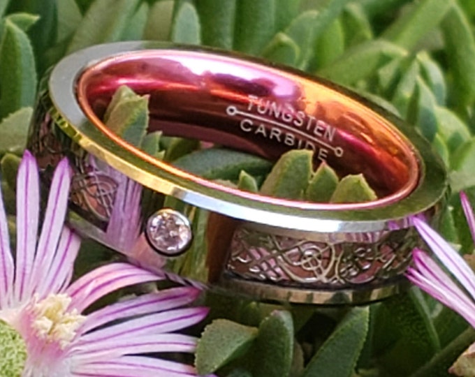 BREAST CANCER AWARENESS:  5mm Pink Carbon Fiber and Silver Celtic Inlay over Silver Tungsten Carbide and Pink Inner Band Pink Cubic Zirconia