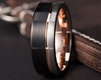 8mm (US Ring Sizes 5-16) Black & Silver Brushed Tungsten Carbide w/ 18k Rose Gold Wedding Band | Men's Wedding Bands, Engagement Rings,