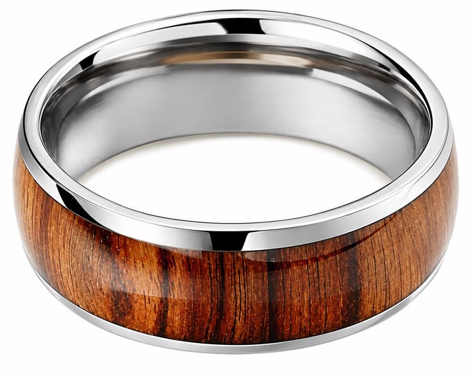 8mm Handcrafted Ring Hawaiian Koa Wood Titanium Ring | Men's Wedding Band | Women's Wedding Ring | Silver Dome Engagement Ring | Sizes 6-13