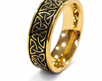 8mm Celtic 24K Gold Tungsten Trinity Wedding Band - Gold over Black Men's or Women's (anniversary, engagement, fashion) US Ring Sizes 4-18