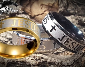 OVERSTOCK SALE!  8mm Jesus / Christian / Cross Stainless Ring (Choose between Black, Silver or 18k Gold)  spiritual, religious, God, Christ