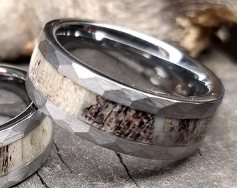 REG 399.95, 8mm Silver Tungsten Ring, Deer Antler Inlay Wedding Band, Rustic Hammered Design, Engagement, Anniversary, Promise, Size 5-18.