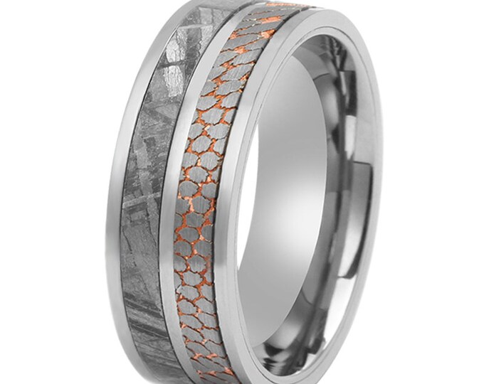 8mm RARE SUPERCONDUCTOR & METEORITE Ring (Silver Titanium band w/ Muonionalusta Meteorite, Dual Channel, Unique Wedding Band (Sizes 5-18)