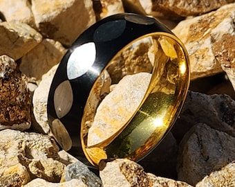 EXCITING NEW RELEASE 9mm wide Titanium Fashion Band, 18K Yellow Gold Innerband, Matte Black Exterior Band w/ Silver Facets (Sizes 6-16)