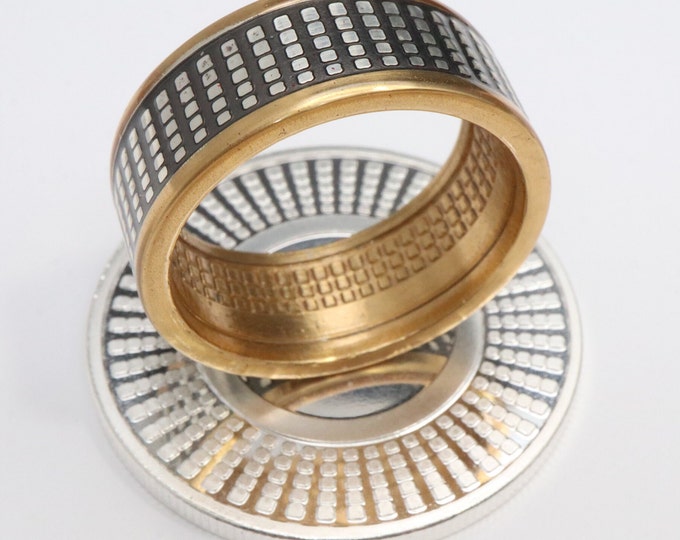 Geometric Radial Coin Ring, 24K Gold, Black Rhodium, & Silver Handforged from a Solid Silver Radial Bullion Round Coin (US Sizes 5-23)